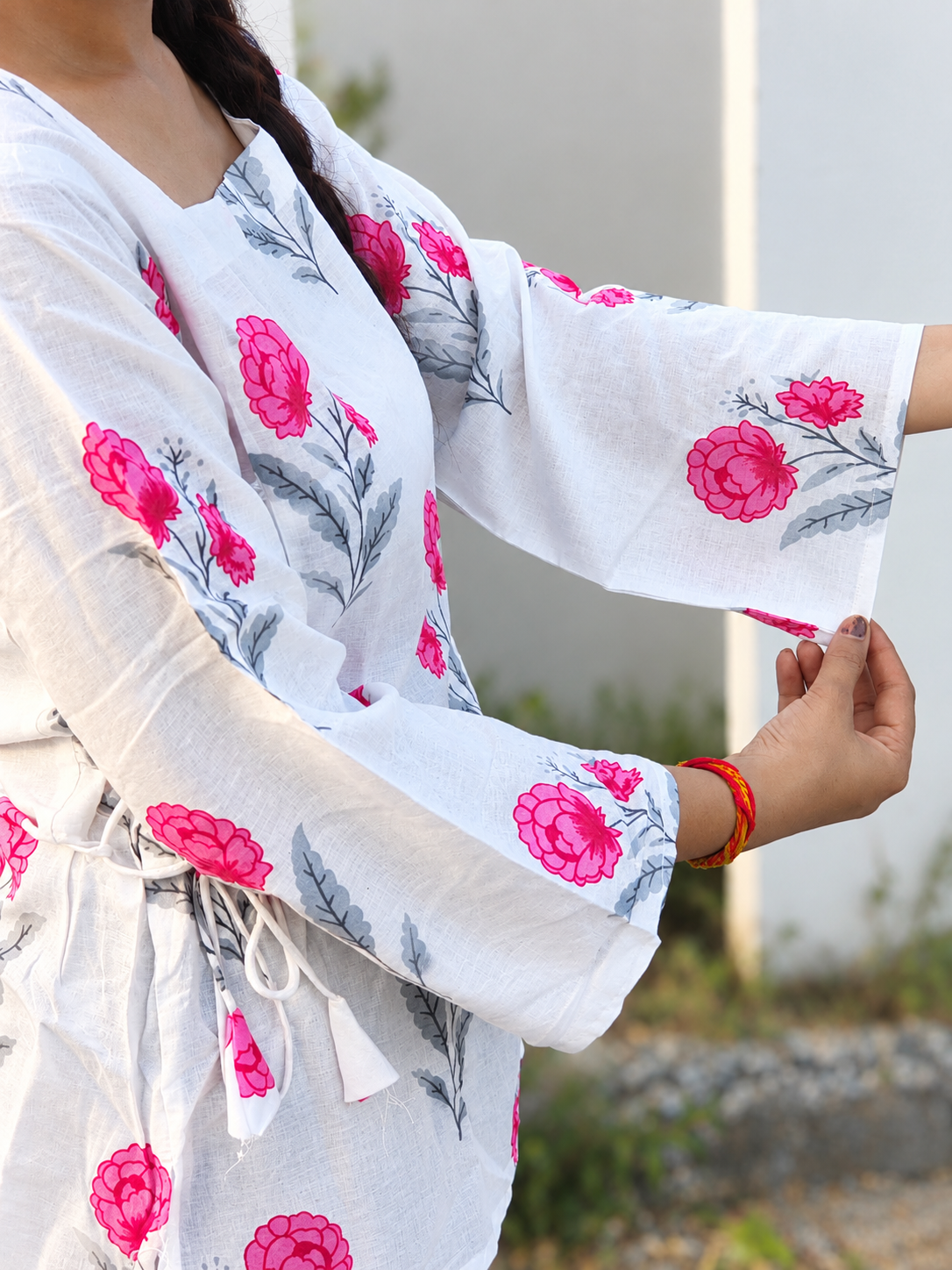 White Cotton Floral Kurti With Pink Flower Prints