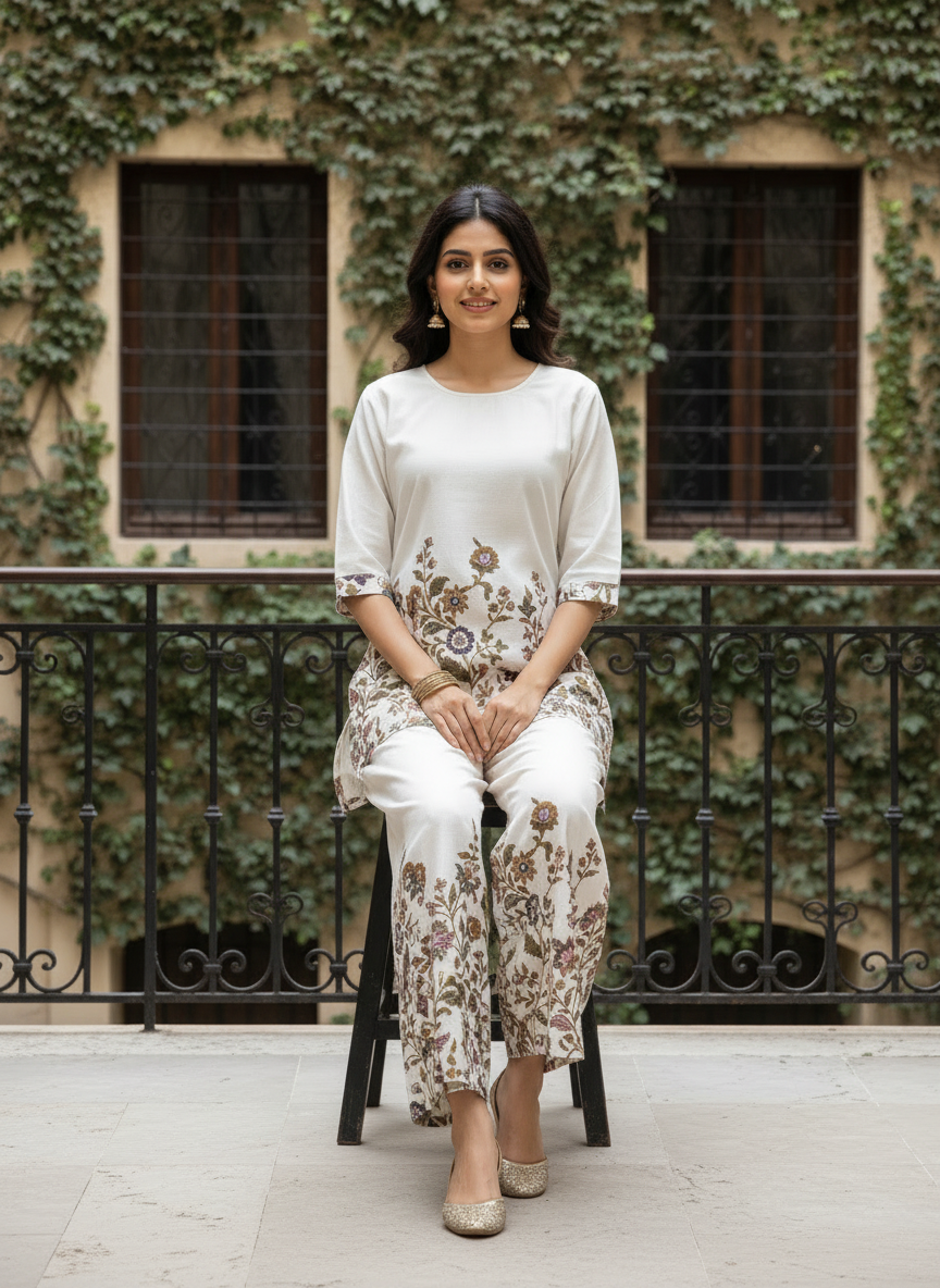 White Khadi Cotton Printed Co-ord Set for Women
