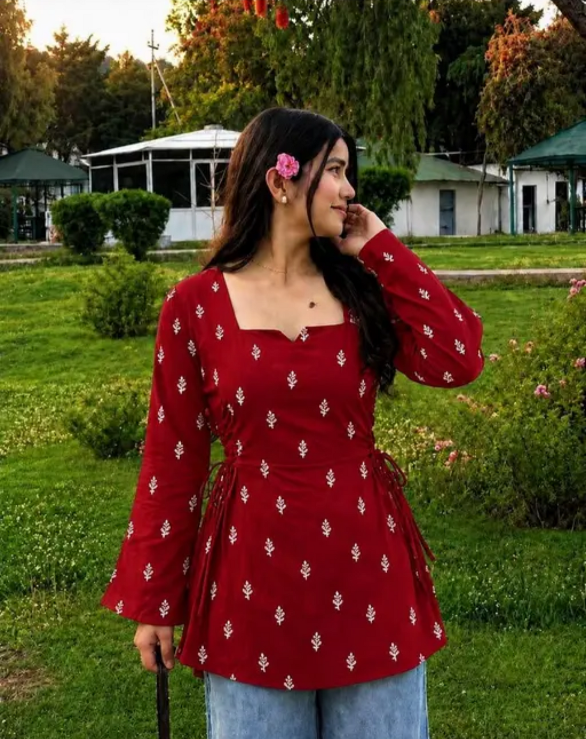 Women's Cotton Blend Printed Side Tie Short Kurti Bell Sleekves