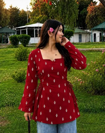 Women's Cotton Blend Printed Side Tie Short Kurti Bell Sleekves