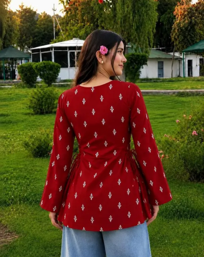 Women's Cotton Blend Printed Side Tie Short Kurti Bell Sleekves