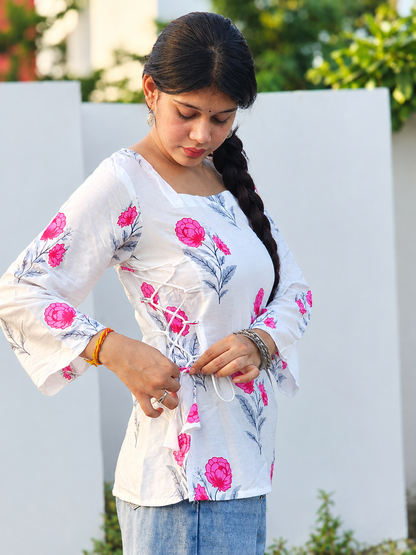 White Cotton Floral Kurti With Pink Flower Prints