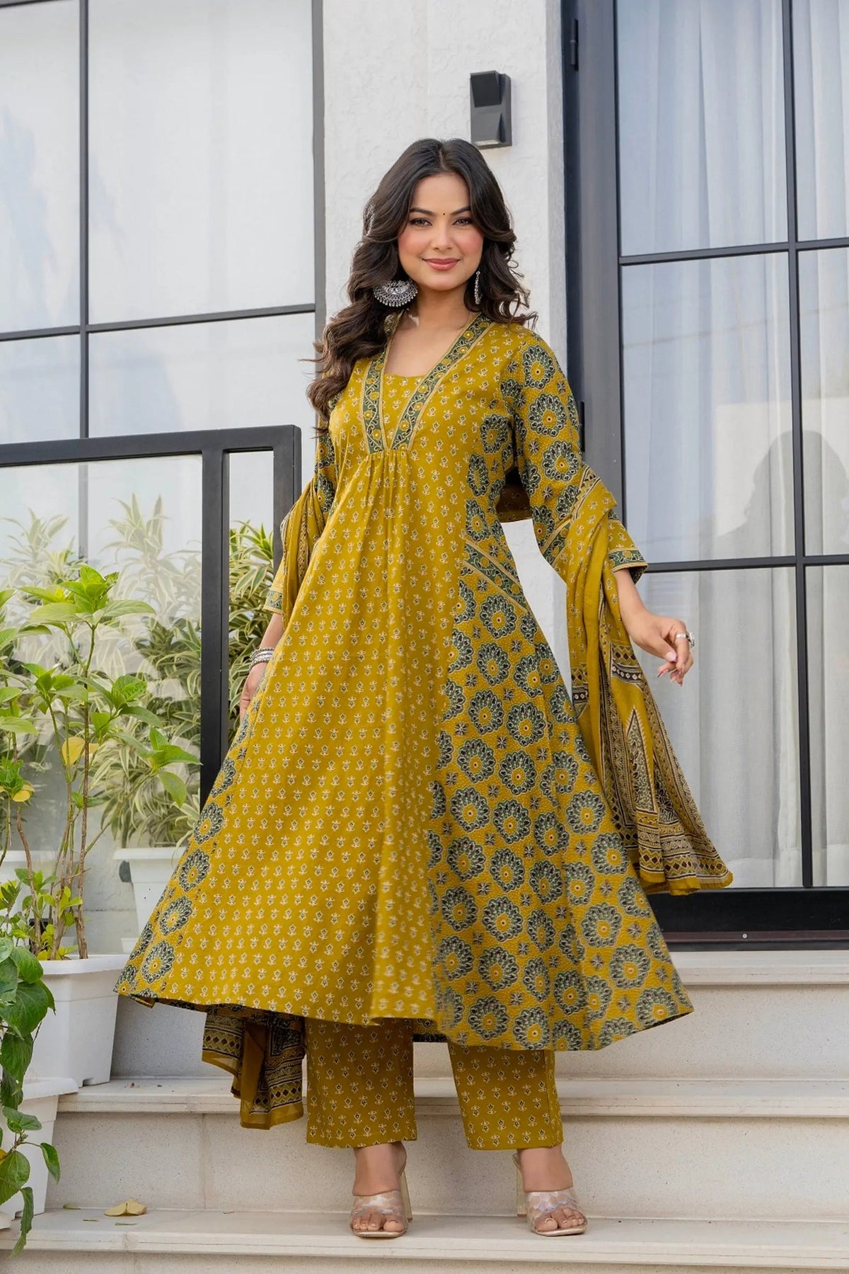 Mustard Printed Cotton Kurta Pant Dupatta Set for Women