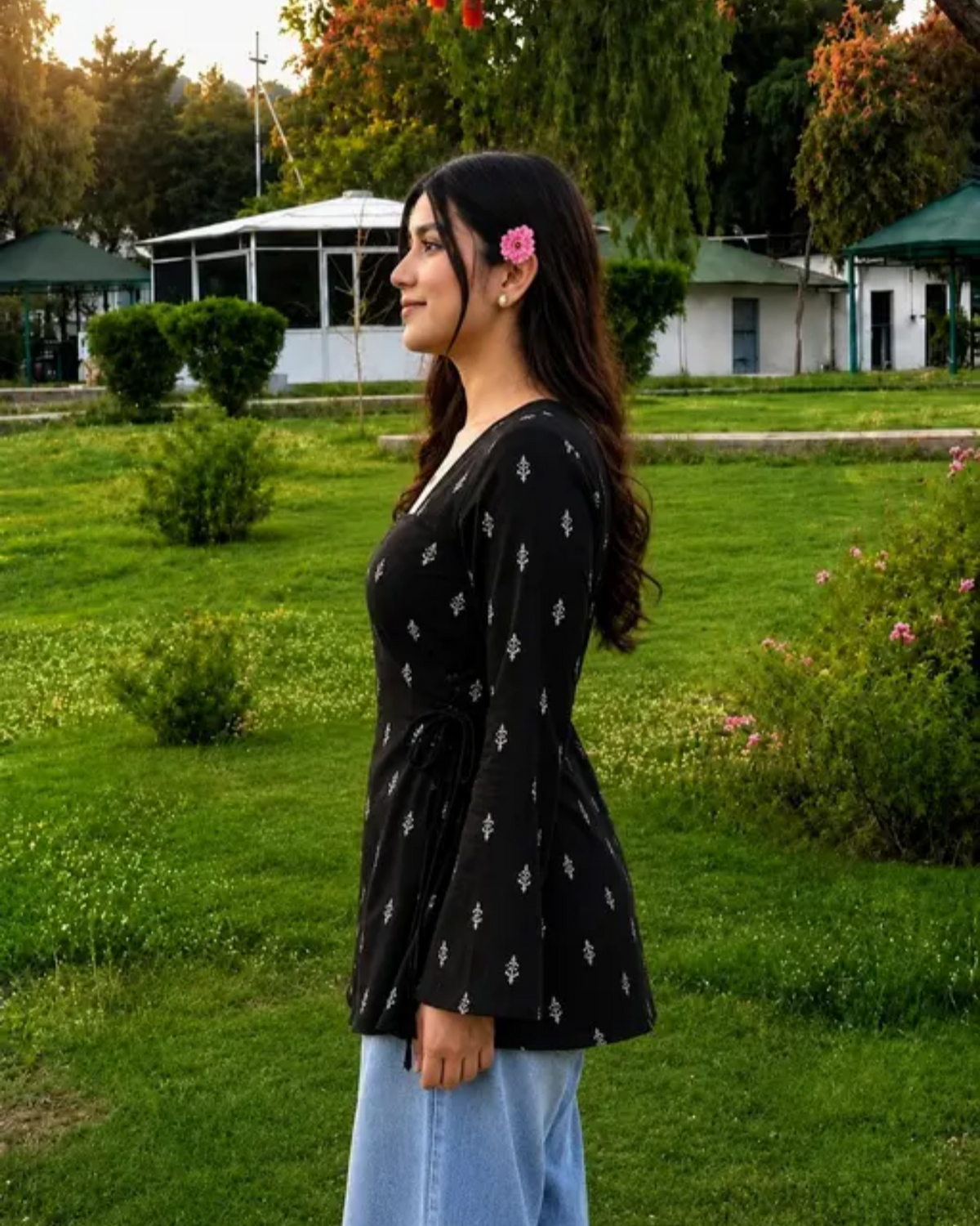 Women's Cotton Blend Printed Side Tie Short Kurti Bell Sleekves