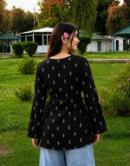 Women's Cotton Blend Printed Side Tie Short Kurti Bell Sleekves