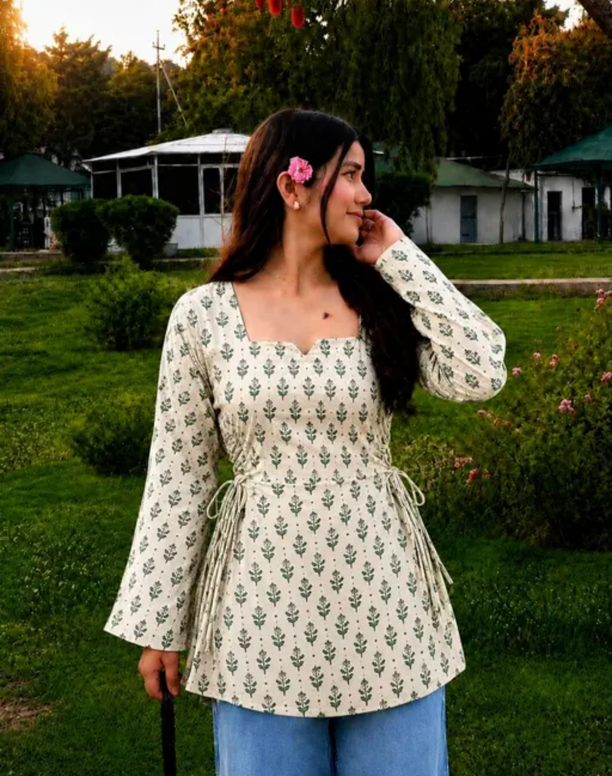 Women's Cotton Blend Printed Side Tie Short Kurti Bell Sleekves
