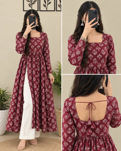 Printed Cotton Rayon A-line Kurta for Women