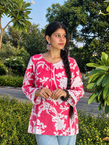 Women & Girls cotton printed pink short kurti