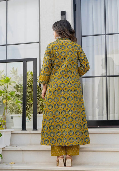 Mustard Printed Cotton Kurta Pant Dupatta Set for Women