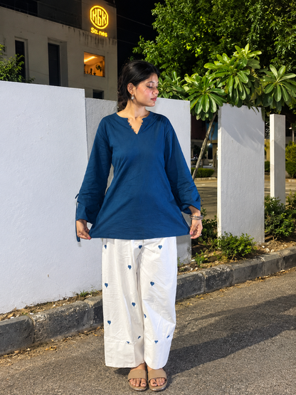 Women's Teal Blue 💙 Short Kurta and White Farshi Salwar Set | Soft Breathable Fabric | Stylish kurta set💫