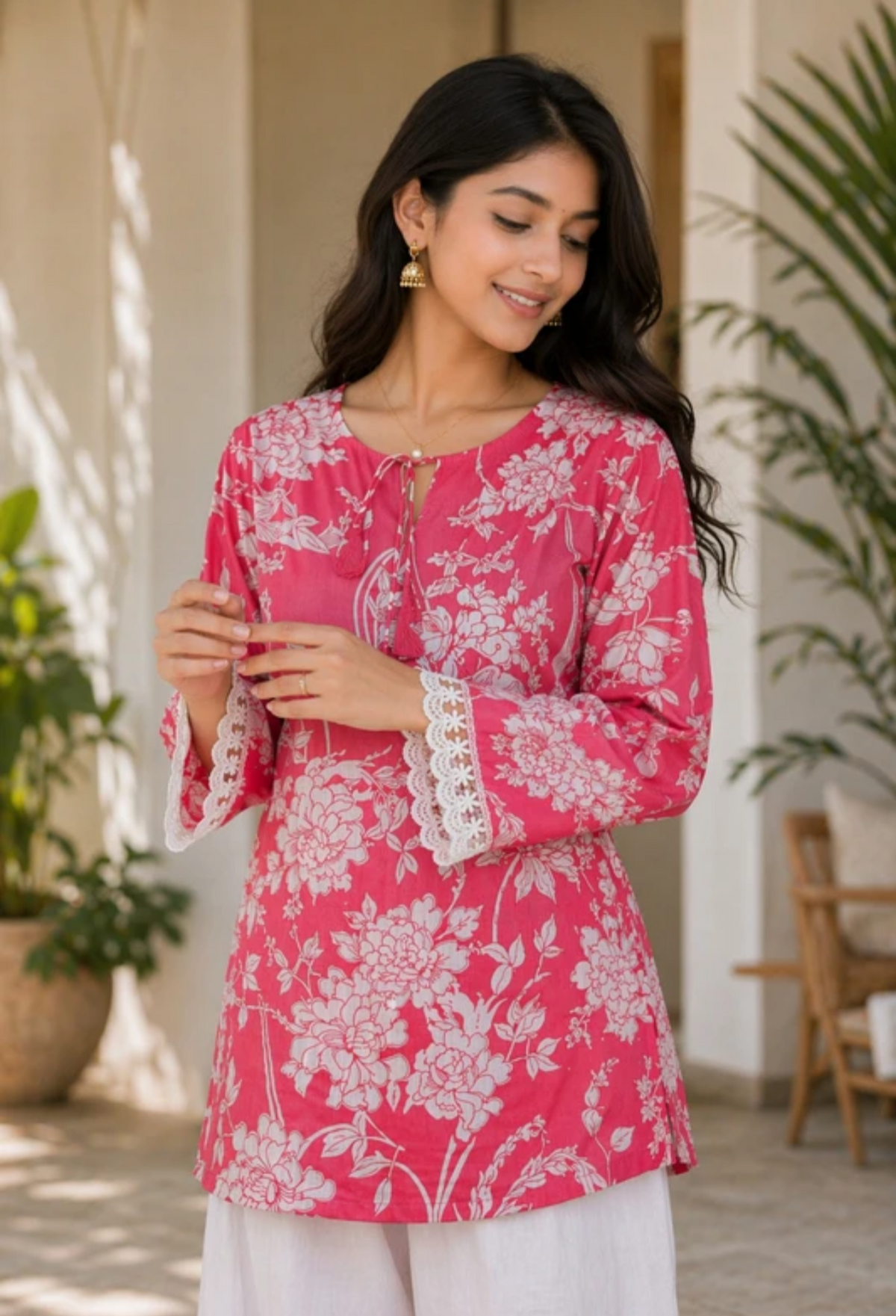 Women & Girls cotton printed pink short kurti
