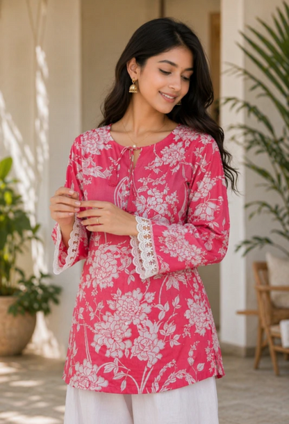 Women & Girls cotton printed pink short kurti