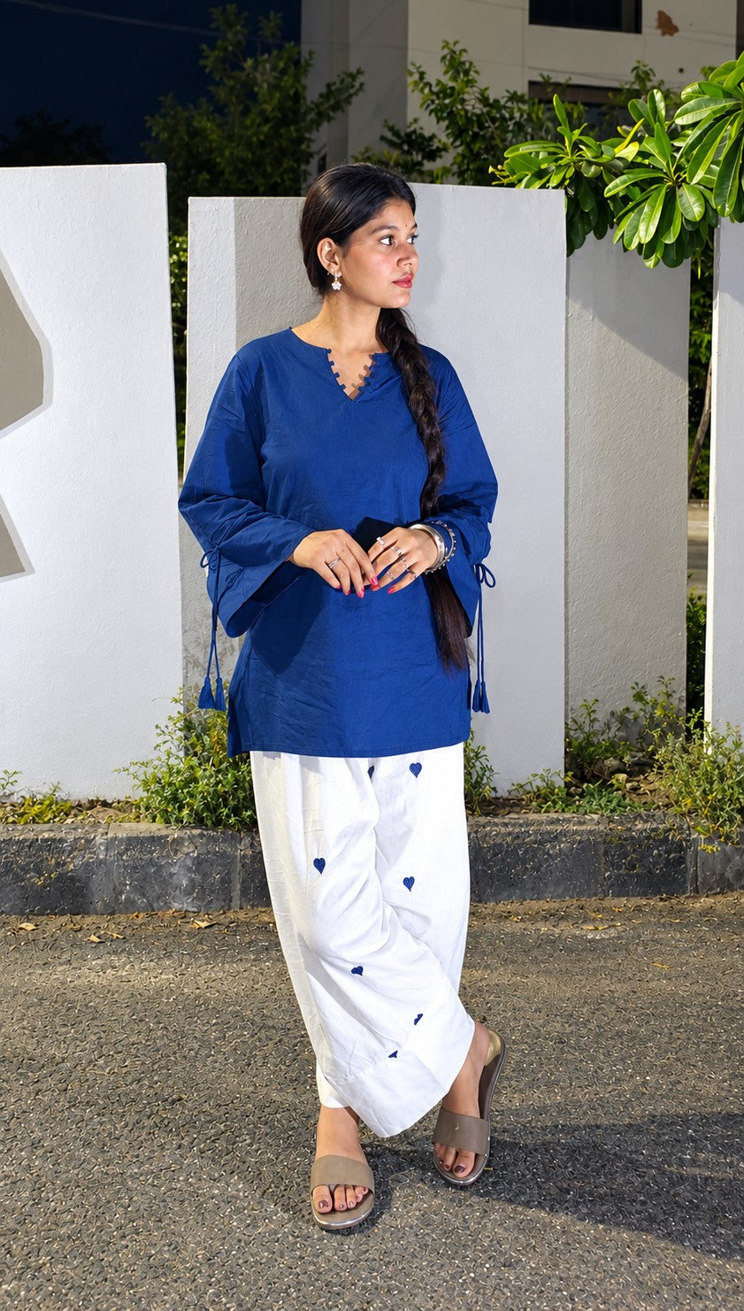 Women's Teal Blue 💙 Short Kurta and White Farshi Salwar Set | Soft Breathable Fabric | Stylish kurta set💫