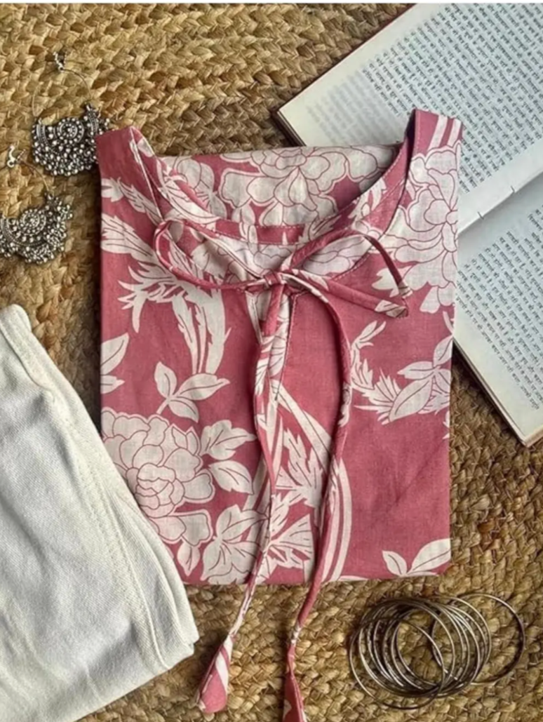 Women & Girls cotton printed pink short kurti
