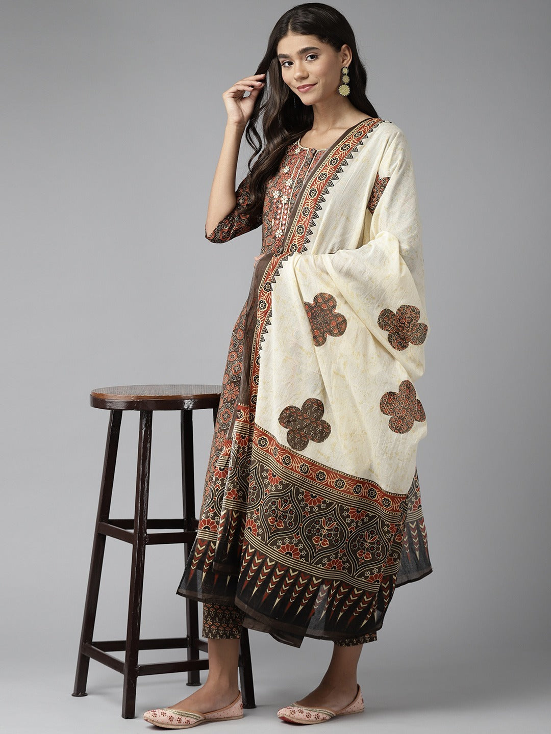 Women's Cotton Printed Brown Kurta Set with Dupatta