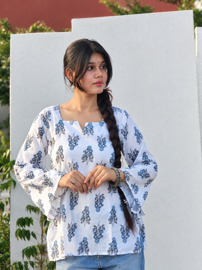Off-White floral cotton kurti with square neck and flared sleeves