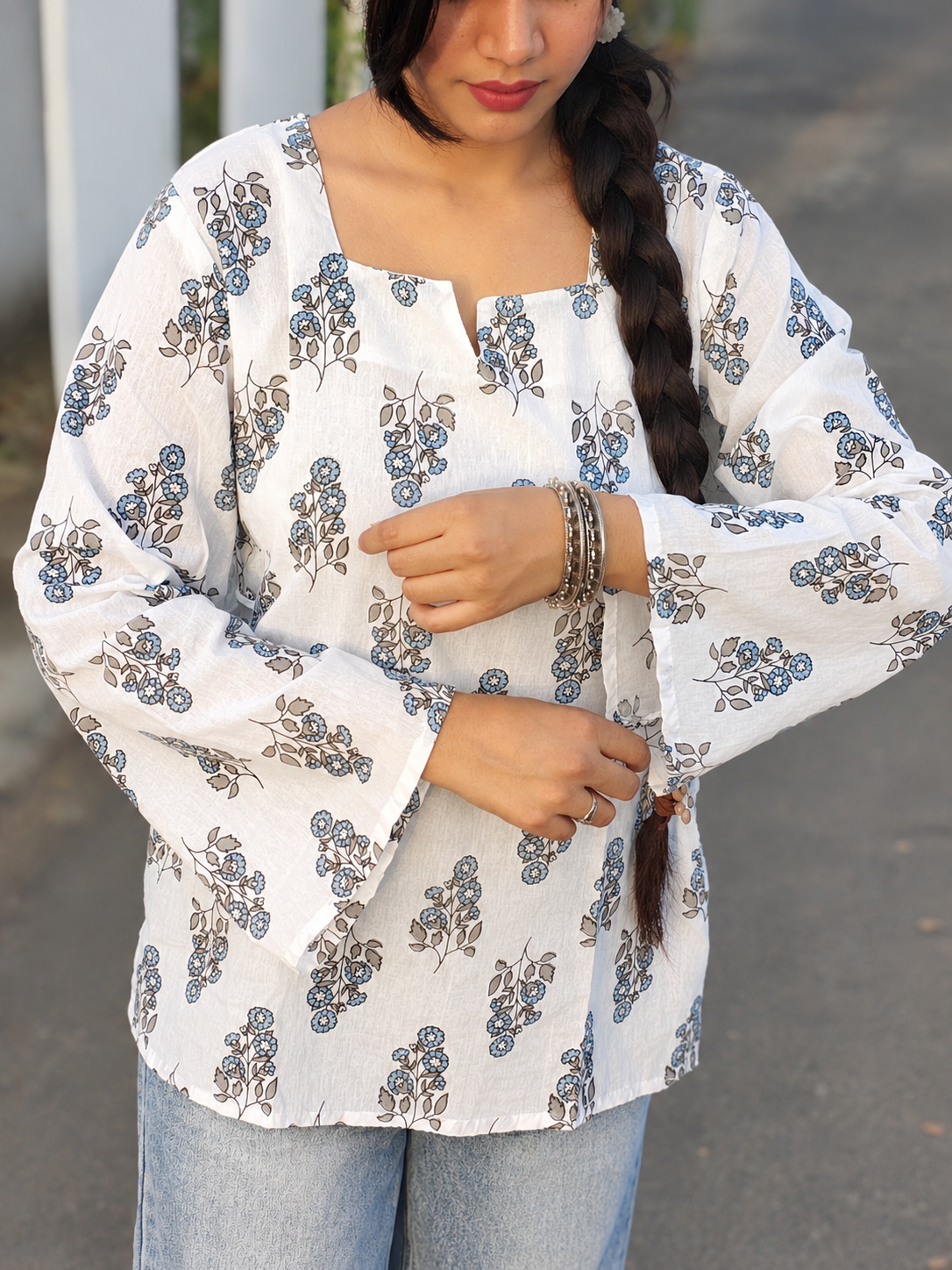 Off-White floral cotton kurti with square neck and flared sleeves