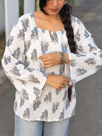 Off-White floral cotton kurti with square neck and flared sleeves