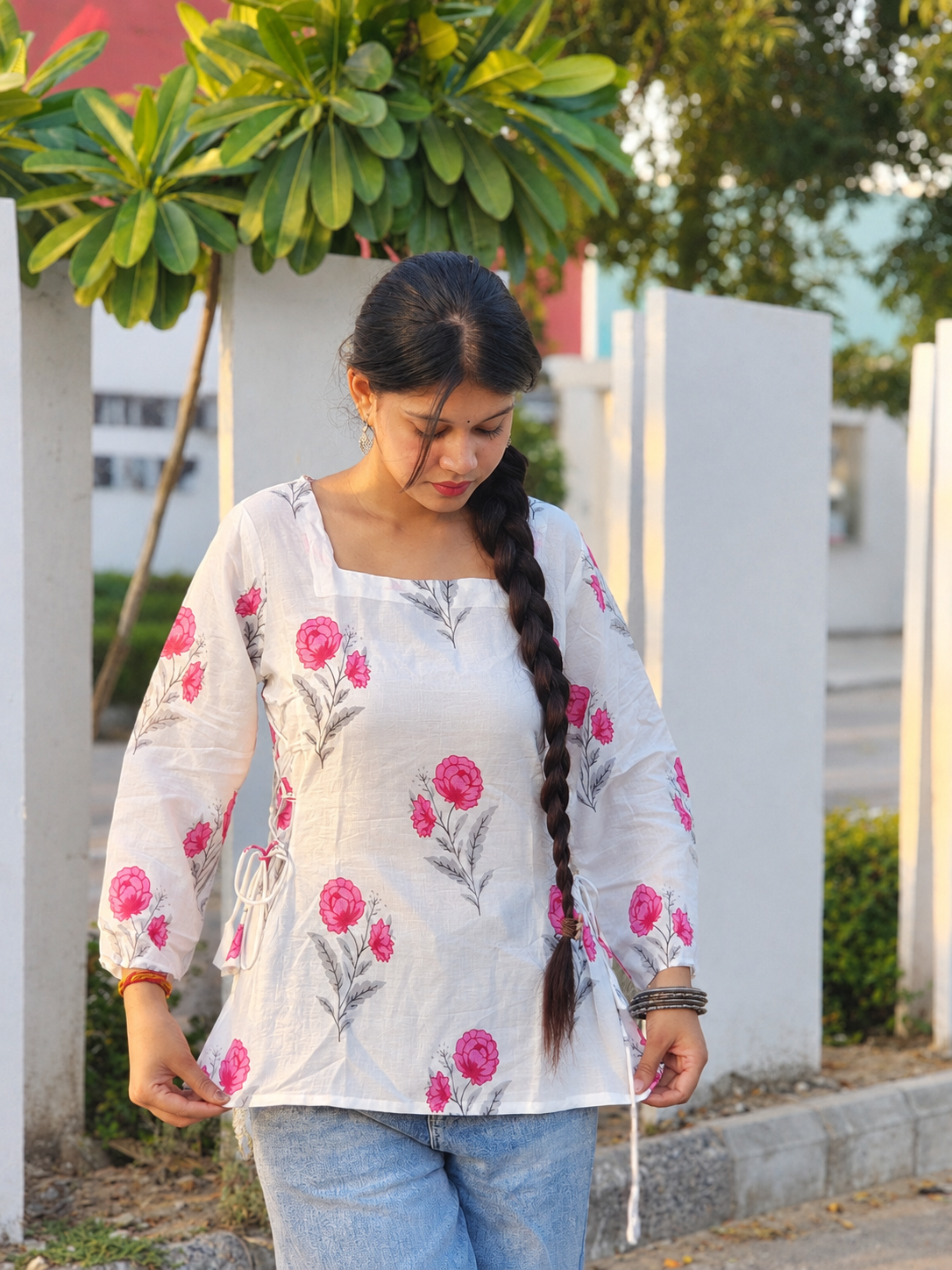 White Cotton Floral Kurti With Pink Flower Prints