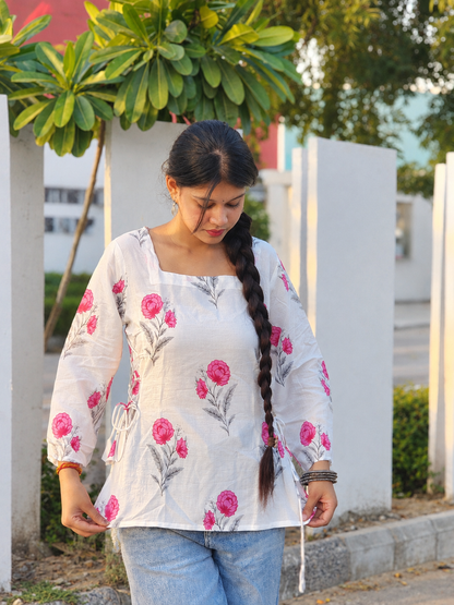 White Cotton Floral Kurti With Pink Flower Prints