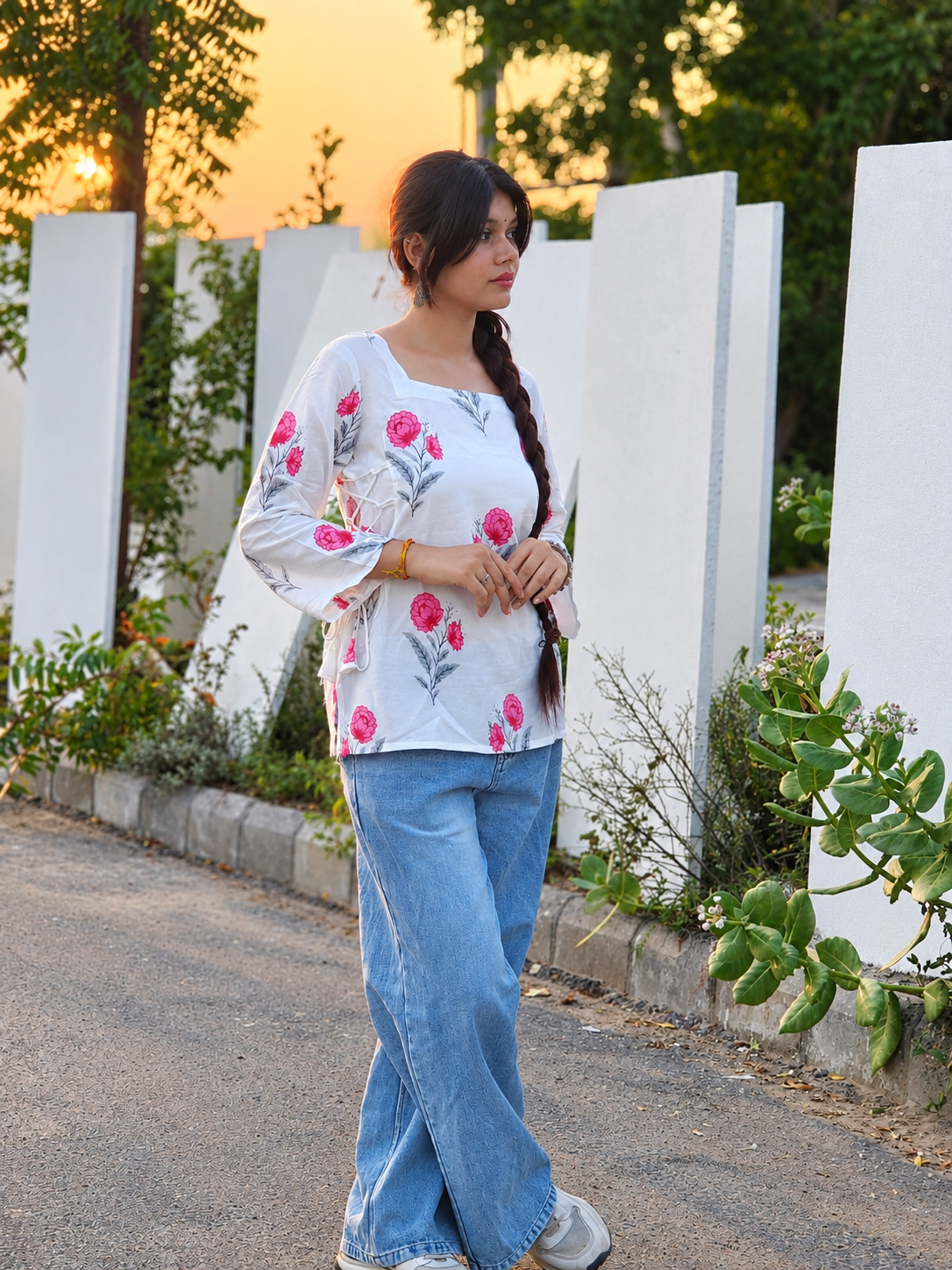 White Cotton Floral Kurti With Pink Flower Prints