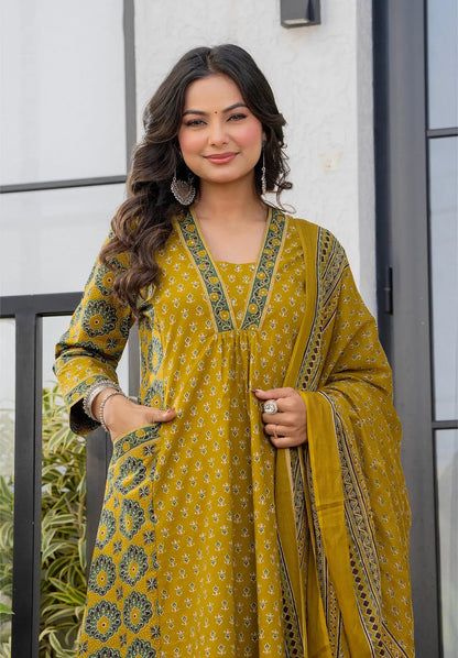 Mustard Printed Cotton Kurta Pant Dupatta Set for Women