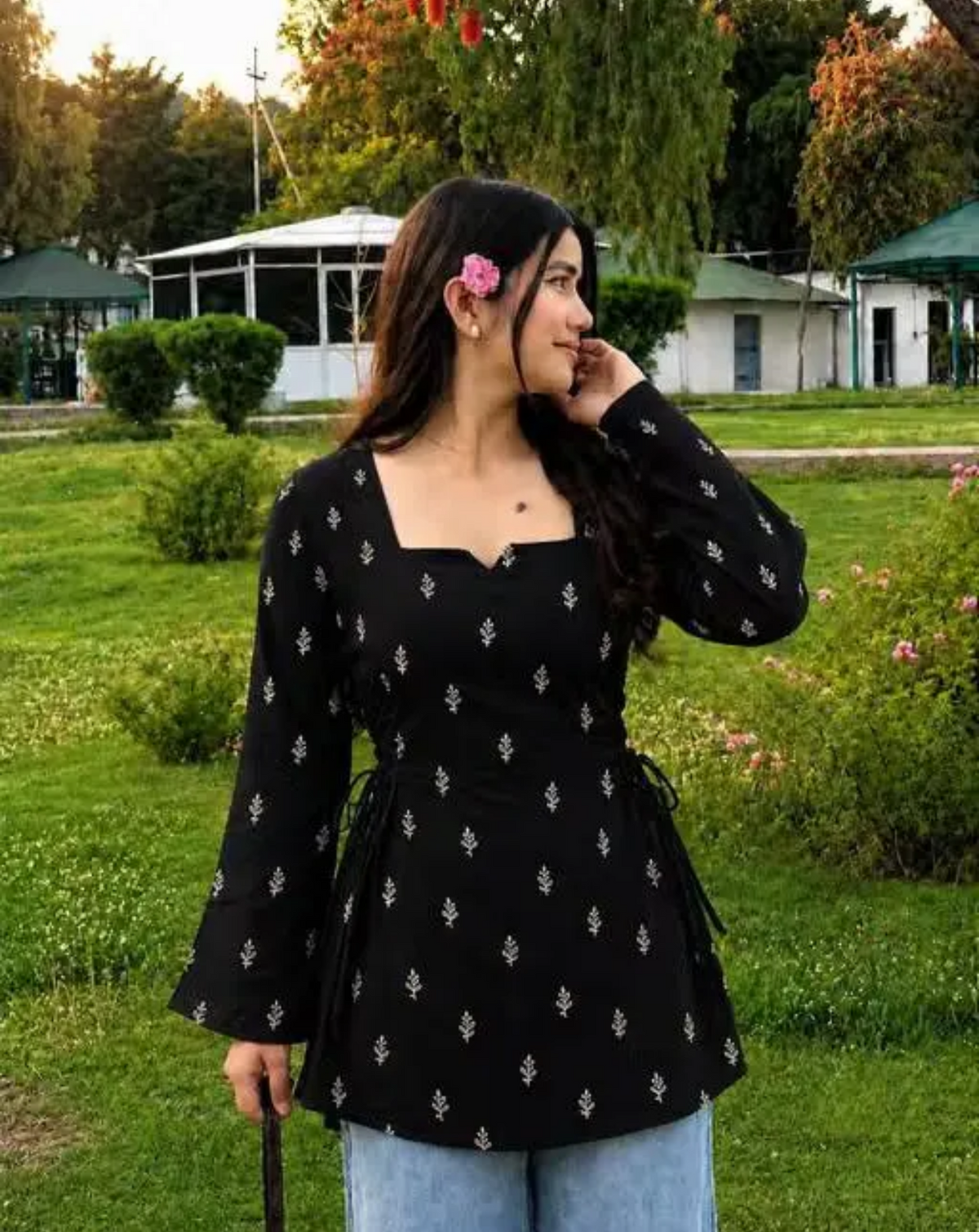 Women's Cotton Blend Printed Side Tie Short Kurti Bell Sleekves