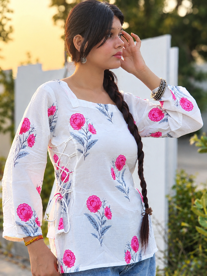 White Cotton Floral Kurti With Pink Flower Prints