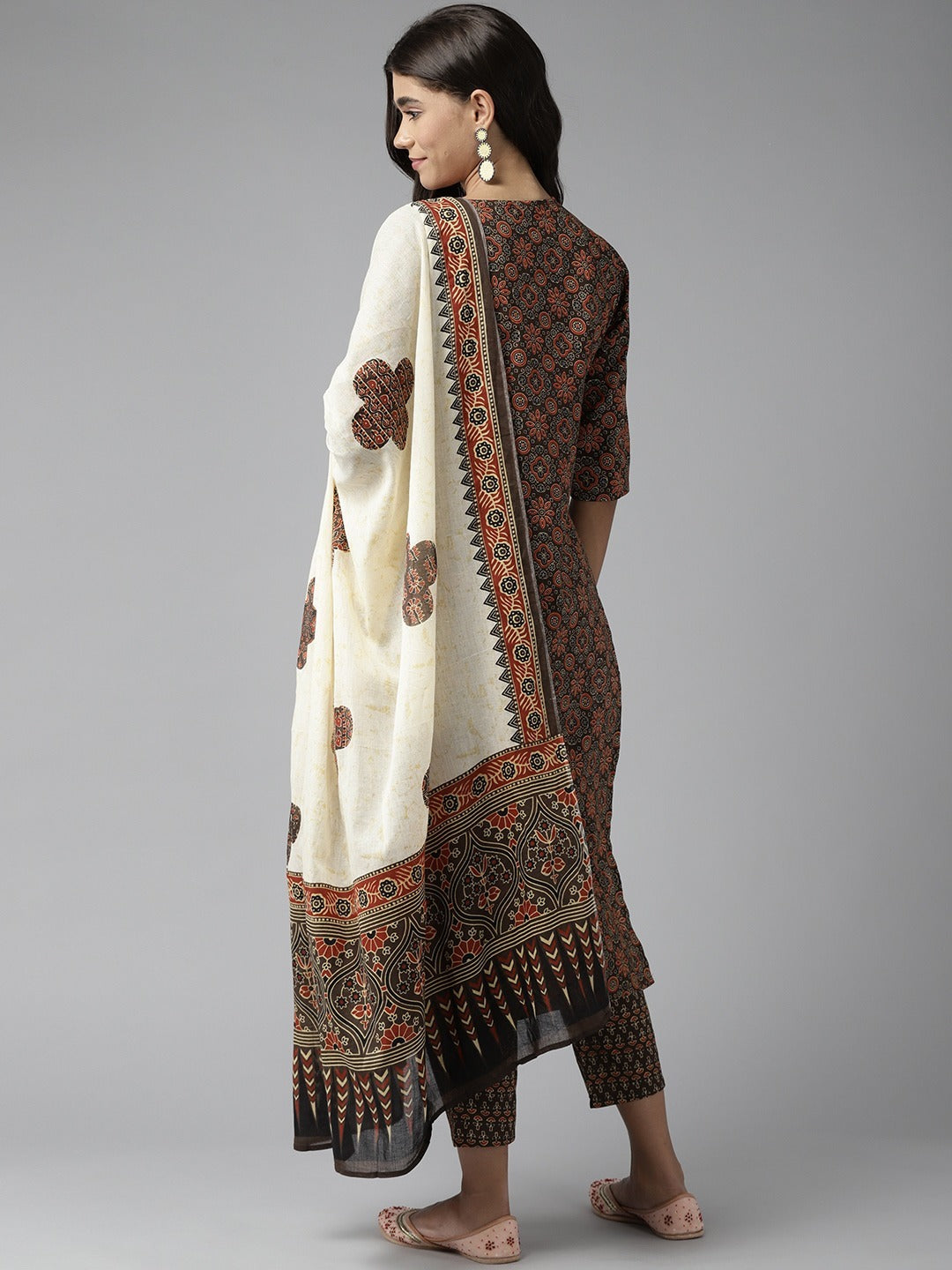 Women's Cotton Printed Brown Kurta Set with Dupatta