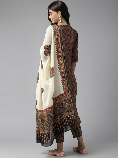 Women's Cotton Printed Brown Kurta Set with Dupatta