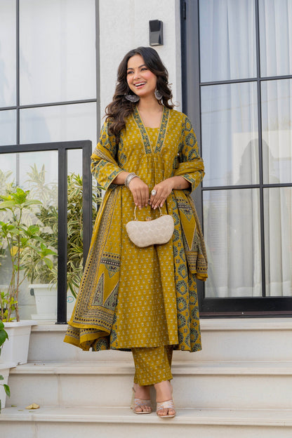 Mustard Printed Cotton Kurta Pant Dupatta Set for Women