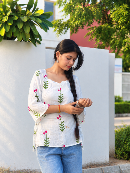 White Floral-Print Cotton kurti with green leaves, pink buds, and side tie-up detailing