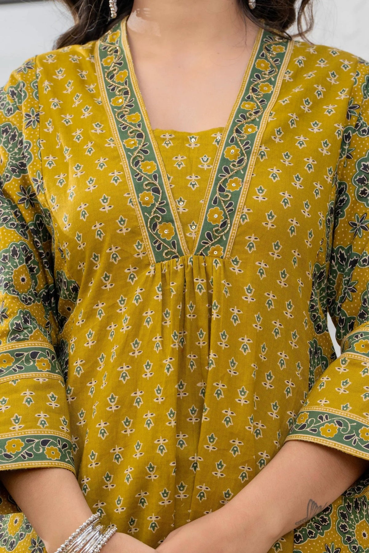 Mustard Printed Cotton Kurta Pant Dupatta Set for Women