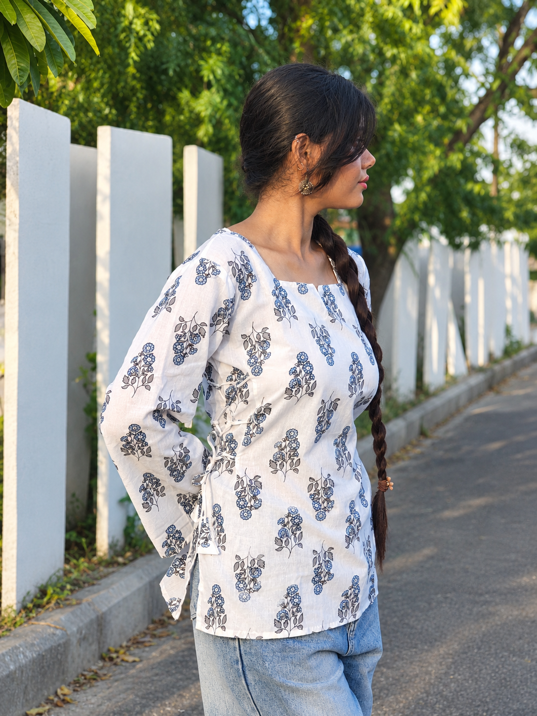 Off-White floral cotton kurti with square neck and flared sleeves