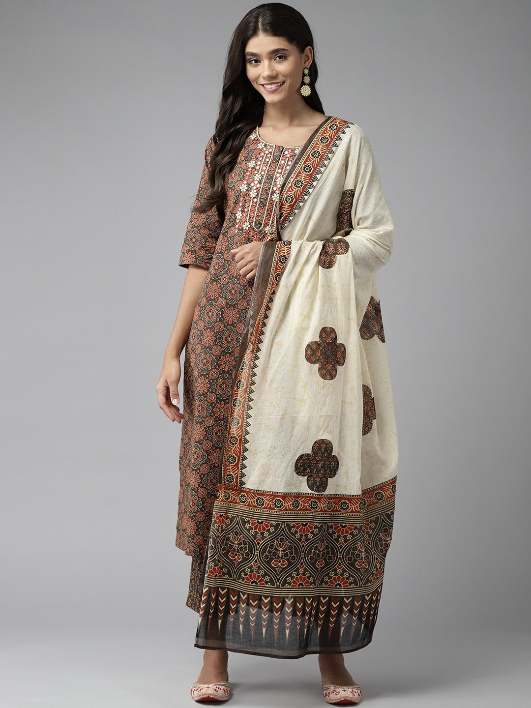 Women's Cotton Printed Brown Kurta Set with Dupatta