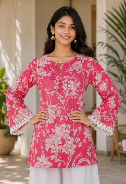 Women & Girls cotton printed pink short kurti
